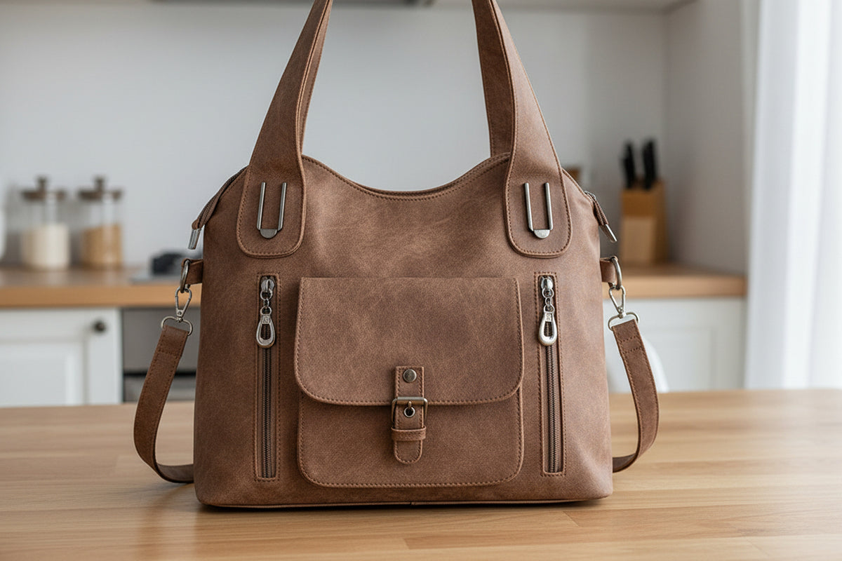 A brown faux leather shoulder bag with a horizontal square shape, featuring multiple zippers and a front flap with a buckle.