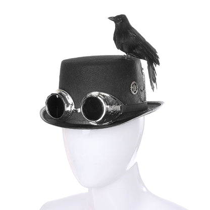 A black steampunk-style top hat with a crow perched on it, featuring goggles and intricate designs.
