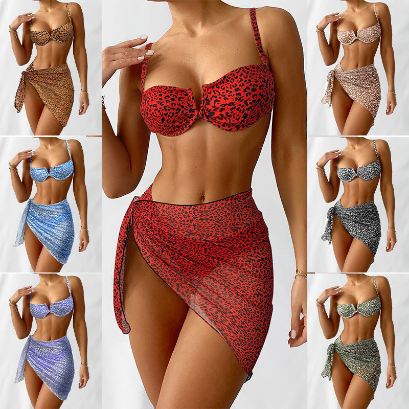 A collage of images showcasing a three-piece floral bikini beach dress in various colors and patterns, including solid colors and floral prints.