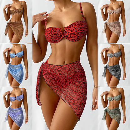 A collage of images showcasing a three-piece floral bikini beach dress in various colors and patterns, including solid colors and floral prints.