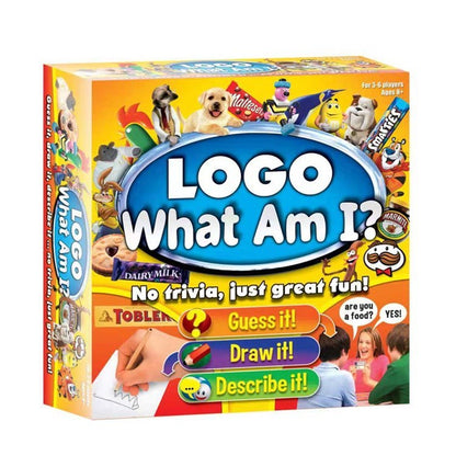 A board game box with colorful graphics and text, titled 'LOGO What Am I?'. The cover shows images of game cards and a timer, indicating it is a guessing and drawing game.