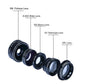 A collection of 10 detachable camera lenses for smartphones displayed alongside their packaging which includes a black and red EVA bag and a user manual. The lenses vary in type and function, with some providing wide angle views, macro shots, and others with filters like fisheye, polarizing, and kaleidoscope effects.