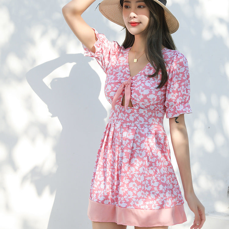 A collage of three images showcasing women's swimwear in pink with a floral pattern, featuring different views of the garment.