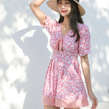 A collage of three images showcasing women's swimwear in pink with a floral pattern, featuring different views of the garment.