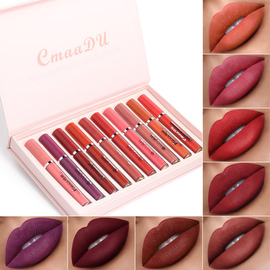 A collection of ten matte lipsticks in various colors, displayed in a box with a reflective background. The lipsticks are shown in different shades with one swatch showing the product's application on a person's lips.