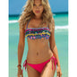 A collage of three images showcasing women's swimwear in vibrant colors and floral patterns. The swimwear includes a bandeau top, a halter top, and a classic bikini bottom, with the models at the beach.