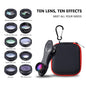A collection of 10 detachable camera lenses for smartphones displayed alongside their packaging which includes a black and red EVA bag and a user manual. The lenses vary in type and function, with some providing wide angle views, macro shots, and others with filters like fisheye, polarizing, and kaleidoscope effects.