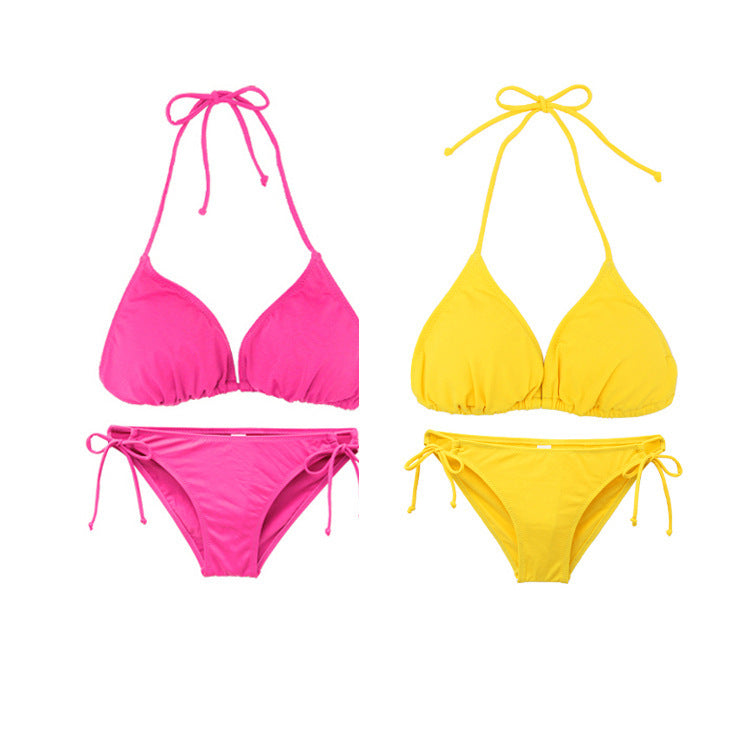 Two bikini sets, one pink and one yellow, on a white background.