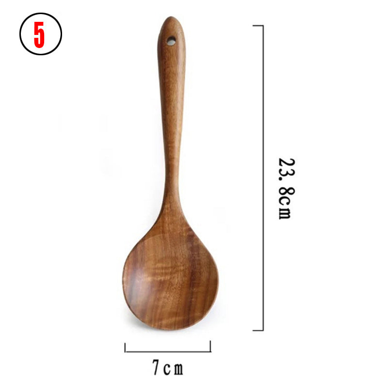 A set of wooden kitchen utensils including a ladle, spoon, turner, and colander, displayed in a clear container on a kitchen counter.