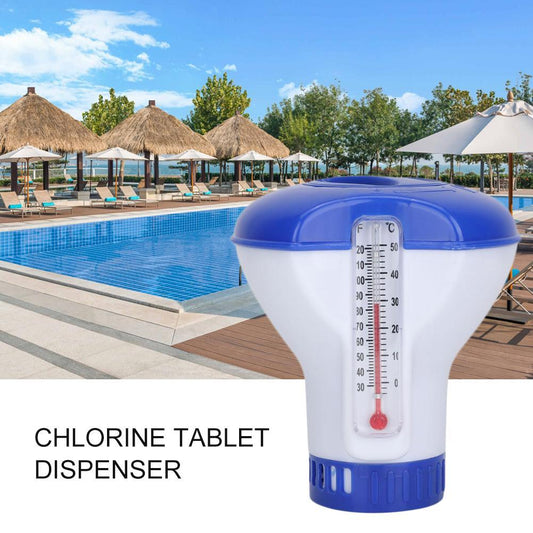 A floating chlorine tablet dispenser with a blue lid and a white body, placed in a pool setting.