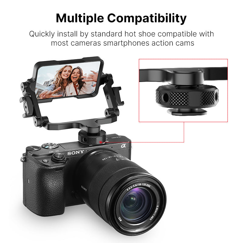 Camera with a screen and hot shoe compatibility with smartphones and action cams.
