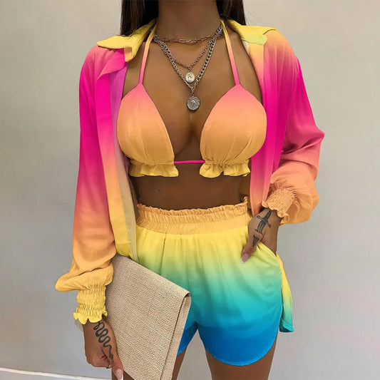 Women's Printed Three-Piece Bikini Set | Long Sleeve Cover-Up Swimsuit