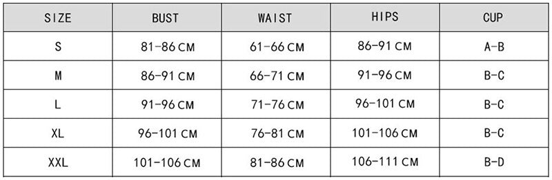 Size chart for bust, waist, hips, and cup sizes.