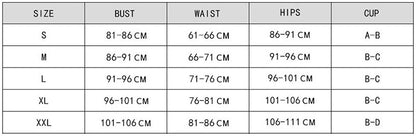 Size chart for bust, waist, hips, and cup sizes.