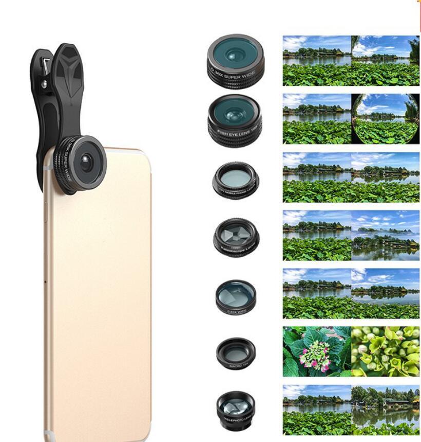 Phone camera lens attachment with various lens options and sample photos.