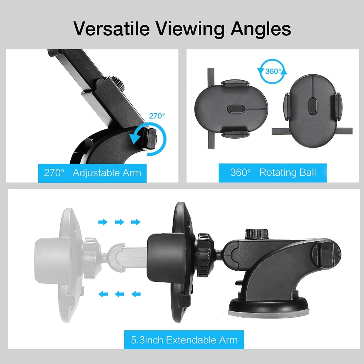 Telescopic Car Phone Mount – 360° Rotating Dashboard Suction Cup Holder for Phones Up to 7"
