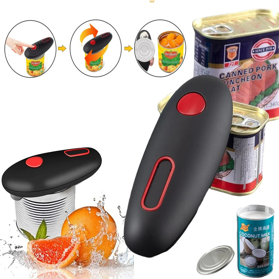 An electric can opener in black color with red accents, shown in use opening a can, accompanied by sliced fruits indicating its use in a kitchen setting.