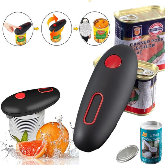 An electric can opener in black color with red accents, shown in use opening a can, accompanied by sliced fruits indicating its use in a kitchen setting.