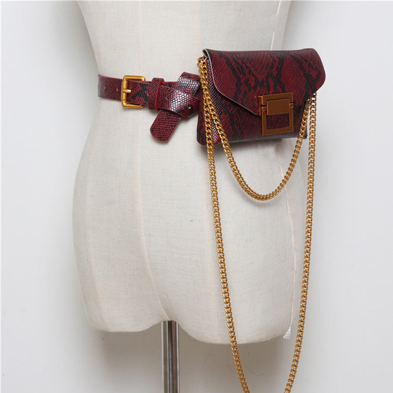 Women's Snake Print Chain Crossbody Bag – PU Leather Belt Bag Purse