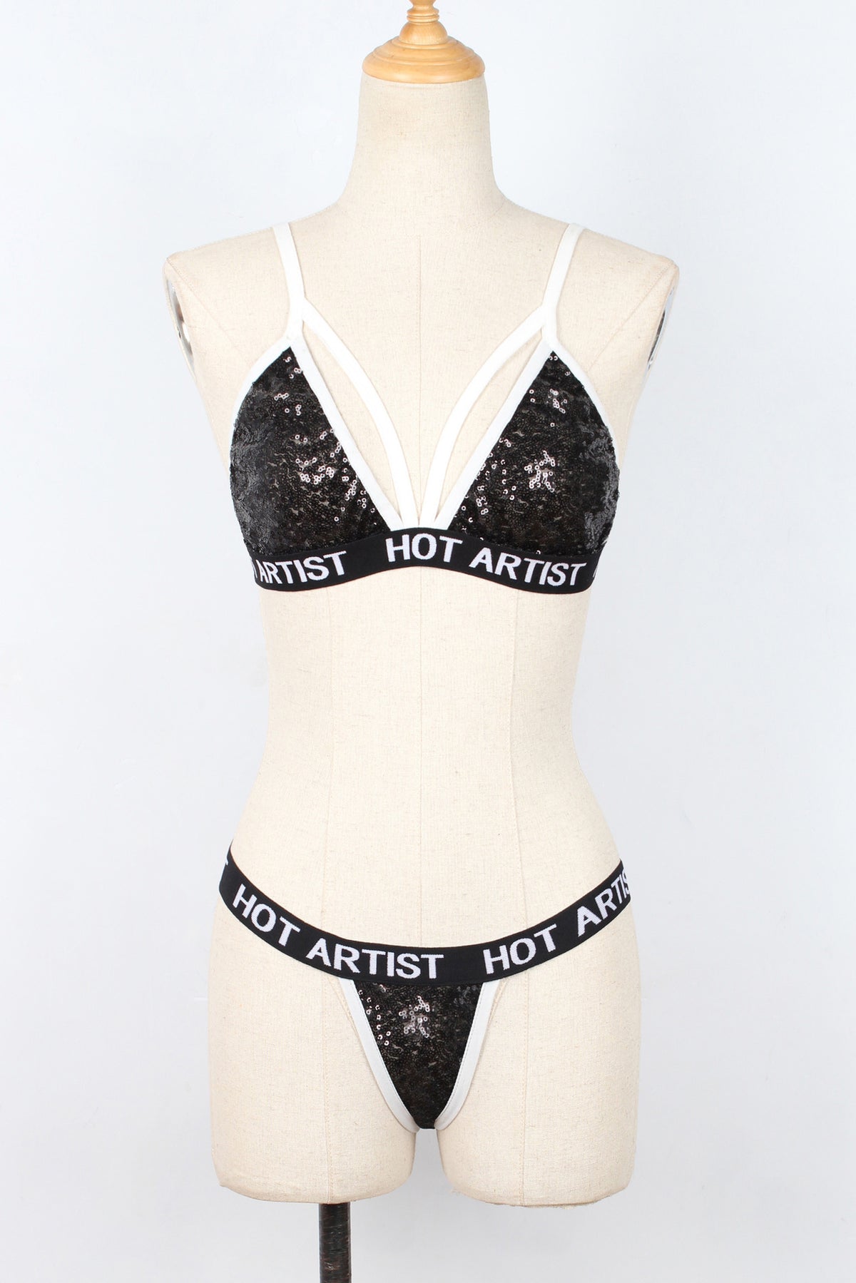 Women's Faux Fur Sequin Lingerie Set | Bra & Panty | Black & Silver