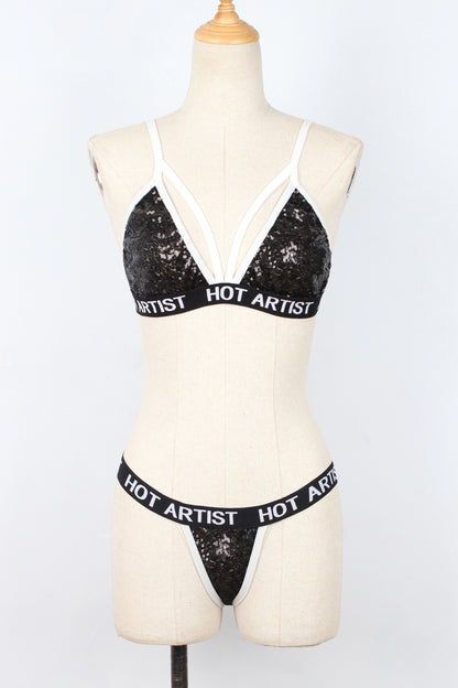Women's Faux Fur Sequin Lingerie Set | Bra & Panty | Black & Silver
