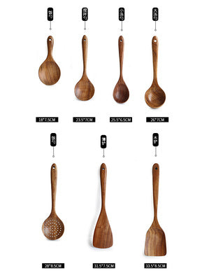 Set of wooden cooking utensils with labels on a white background