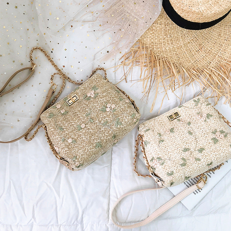 Women's Bohemian Embroidered Shoulder Bag – Lace & Straw Woven Square Purse