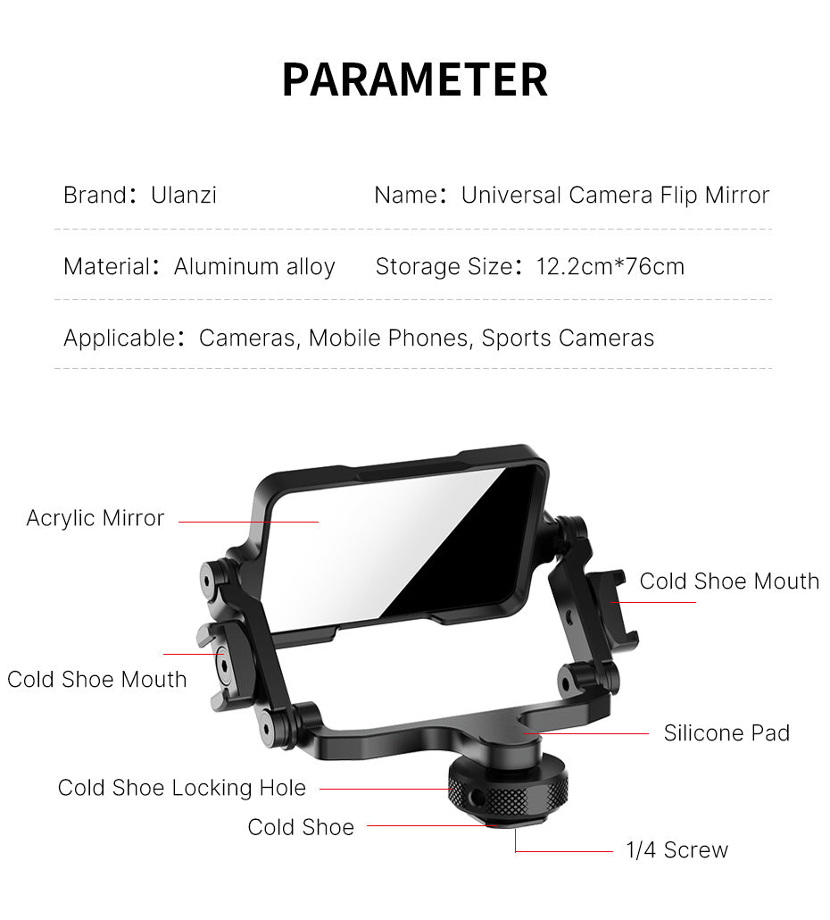 Universal Camera Flip Mirror with detailed parts on a white background
