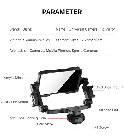 Universal Camera Flip Mirror with detailed parts on a white background