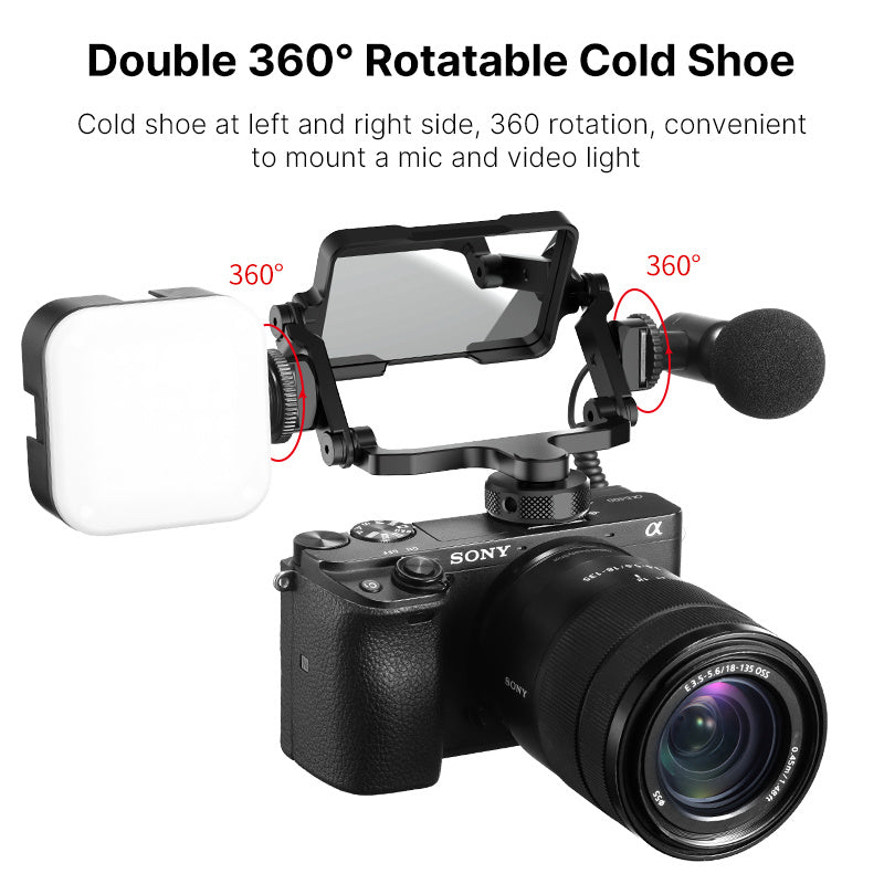 Camera with double 360° rotatable cold shoe for mic and video light mounting.