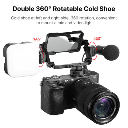 Camera with double 360° rotatable cold shoe for mic and video light mounting.