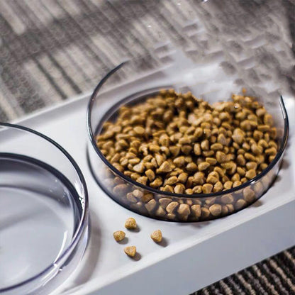Pet food and water bowl on a textured surface