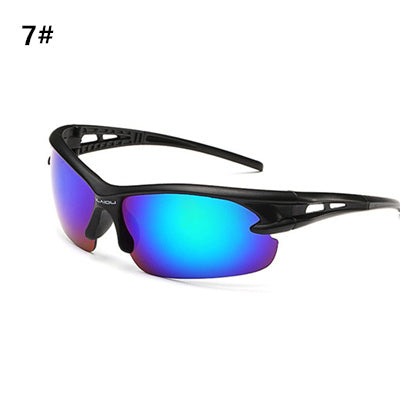 A pair of cycling sunglasses with blue polarized lenses and a black frame, marked with the number 7.