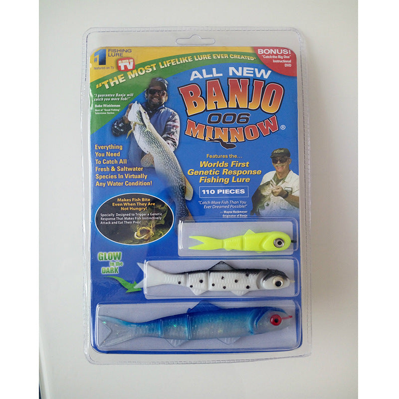 Packaging of fishing lures and tools, featuring various artificial fishing baits and a realistic minnow design.