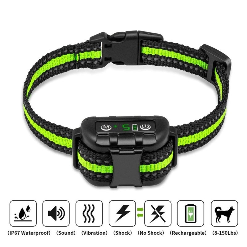 An anti-barking dog collar with a black and green design, featuring a central control unit and adjustable straps.