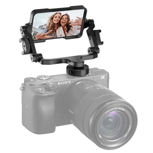 A black Ulanzi PT-14 SLR Camera Selfie Vlog Accessory mounted on a Sony camera, with a smartphone attached to it for viewing the camera screen.