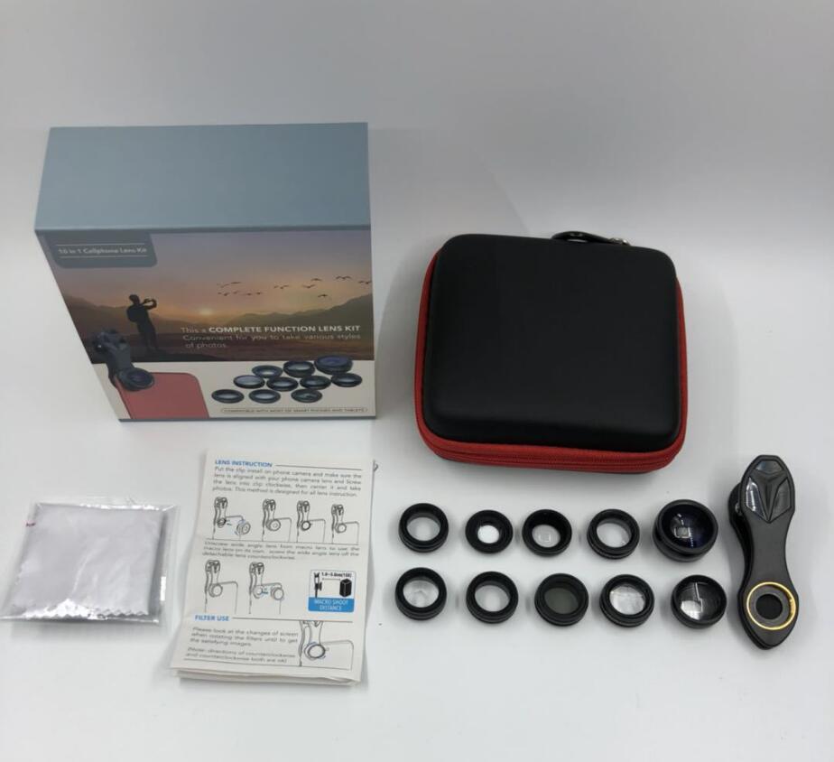 Phone lens kit with case and instructions on a white background