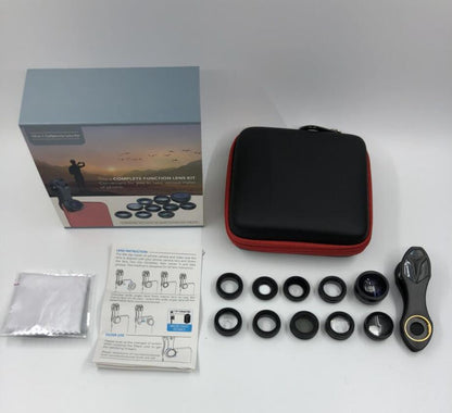 Phone lens kit with case and instructions on a white background