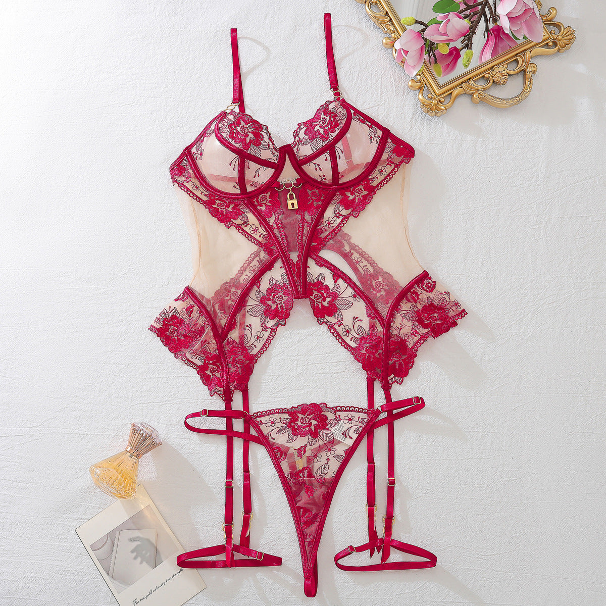Women's Mesh Lace Lingerie Set – 3-Piece Sheer Bodysuit