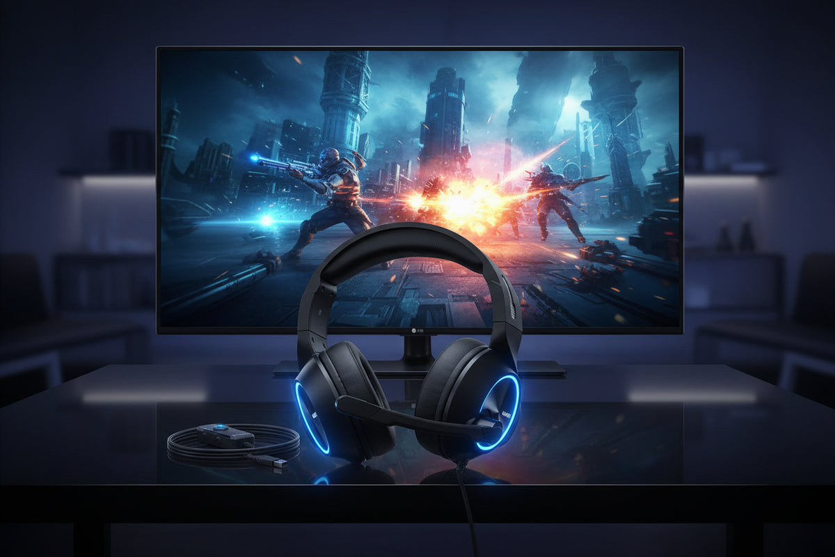 NUBWO N11 Gaming Headset with a USB interface, predominantly black with blue accents, and a microphone attached to the left earcup.