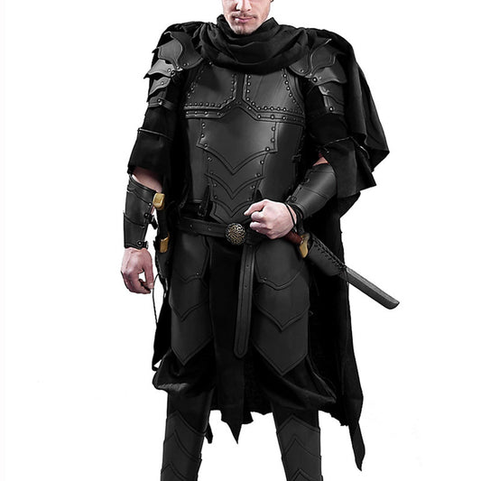 A person wearing a black synthetic leather samurai armor costume with pauldron and a belt.