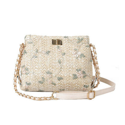 Women's Bohemian Embroidered Shoulder Bag – Lace & Straw Woven Square Purse