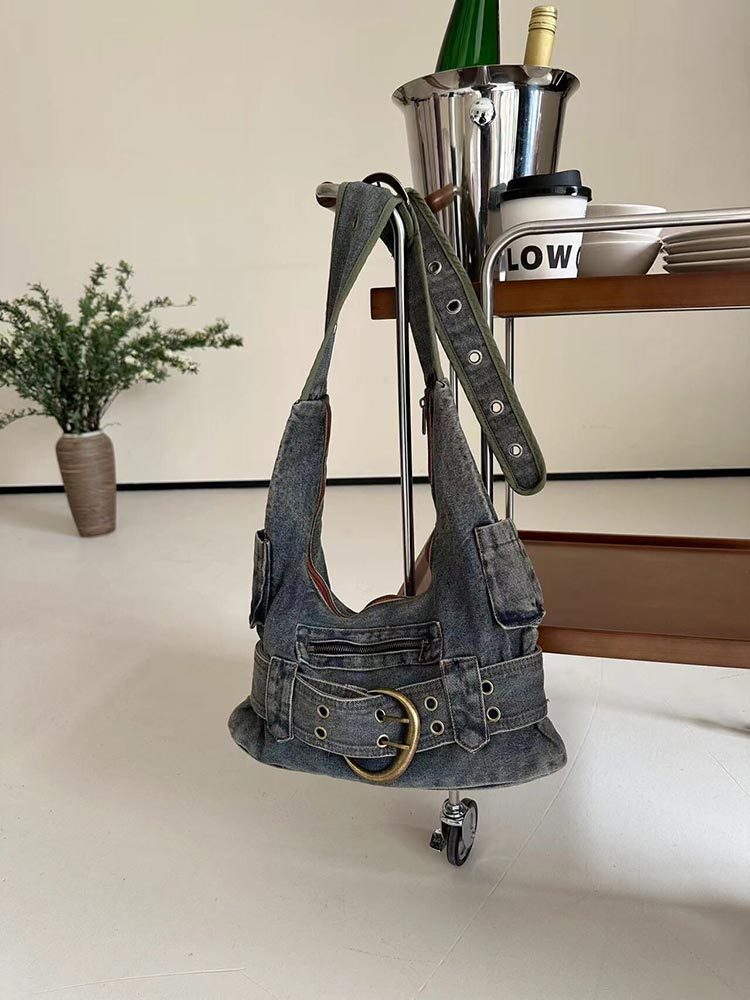 Women's Vintage Washed Denim Shoulder Bag – Large Retro Tote Purse