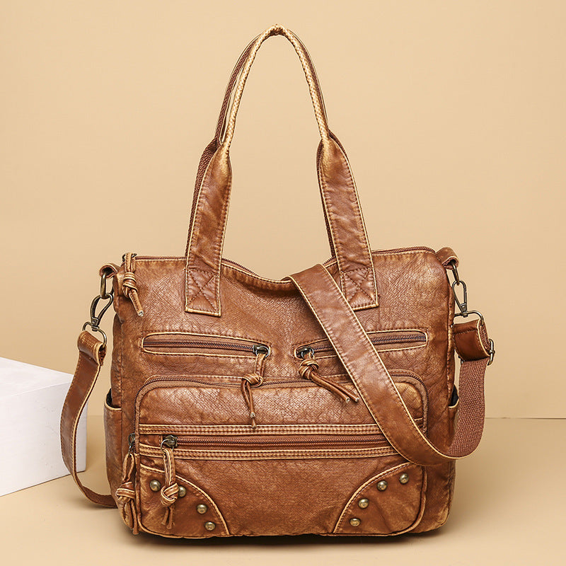 Women's Retro Washed Tote Bag – Soft Vegan-Friendly Imitation Leather Multi-Pocket Shoulder Handbag