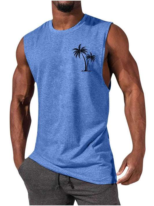 Men's Coconut Tree Embroidery Beach Tank Top – Summer Muscle Workout Shirt