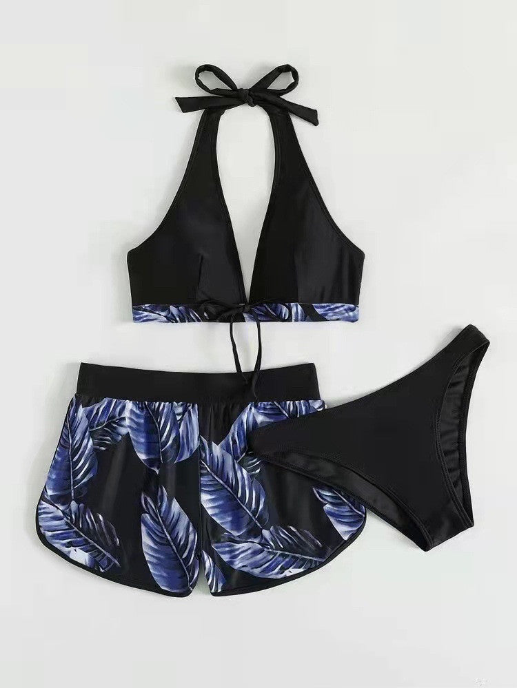 Women's 3-Piece Bikini Set with Shorts – Printed Summer Beach Swimsuit