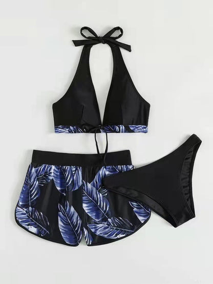 Women's 3-Piece Bikini Set with Shorts – Printed Summer Beach Swimsuit