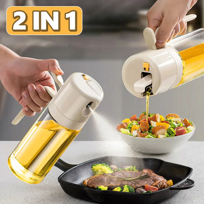 A hands-on image showing a dual-purpose oil sprayer bottle in use. The bottle is tilted, dispensing oil into a salad, indicating its pouring mode.