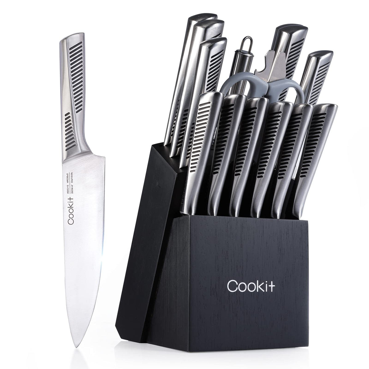 A 15-piece kitchen knife set with a black oak wooden block and various knives with stainless steel blades and black handles, including a chef knife, slicing knife, bread knife, santoku knife, utility knife, paring knife, steak knives, scissors, and a steel sharpener.