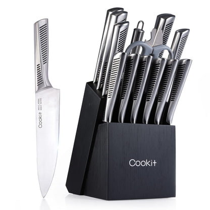 A 15-piece kitchen knife set with a black oak wooden block and various knives with stainless steel blades and black handles, including a chef knife, slicing knife, bread knife, santoku knife, utility knife, paring knife, steak knives, scissors, and a steel sharpener.